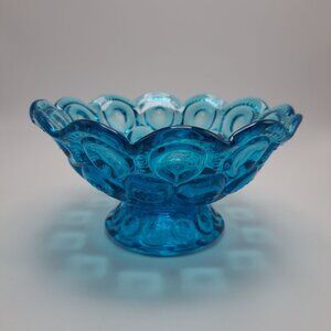 LE Smith Blue Glass Moons & Stars Scalloped Edge Pedestal Bowl Compote